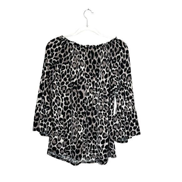 Dear Scarlett Leopard Off Shoulder Bell Sleeve Peasant Top Lightweight Stretch L - Picture 7 of 9